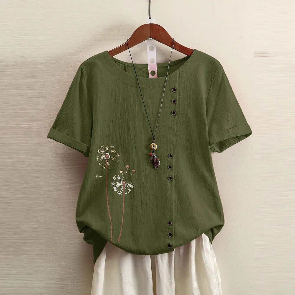 Plus Size Women Short Sleeve O-Neck Print Button Tunic T-Shirt Oversized Ladies Casual High Quality Tops Clothes For Female 2023