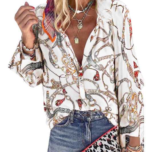 2023 Womens Autumn Winter V Neck Chain Shirt Long Sleeve Ladies Casual Loose Blouse Tops High Quality Clothing Clothes Plus Size