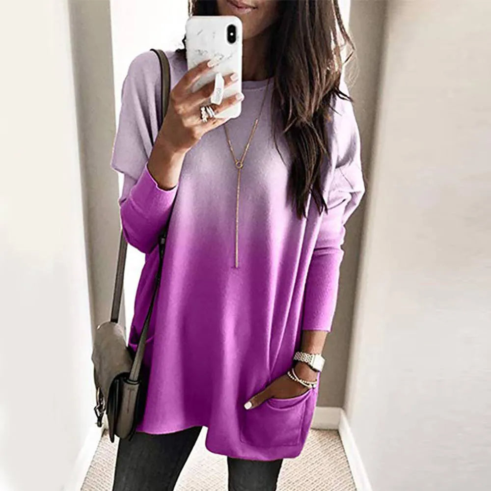 Women‘s Long Sleeve Pocket Tunic Autumn Tops Blouse Shirt Gradient Loose Winter Jumper Pullover Plus Size Clothes Clothing 2023