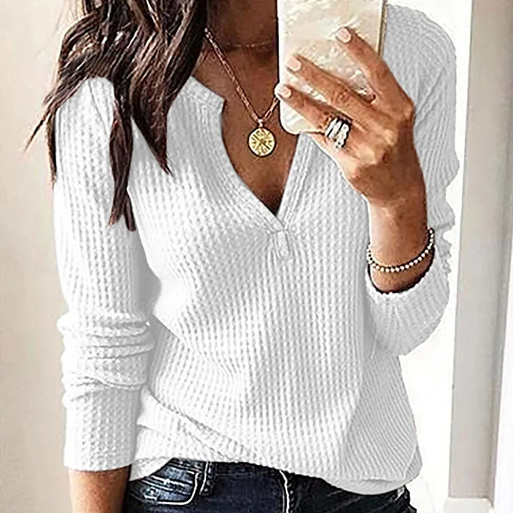 Women‘s Autumn Winter V-Neck Long Sleeve Tops Pullover Ladies Casual Loose Shirts Blouse Female Jumper Clothing Plus Size 2023