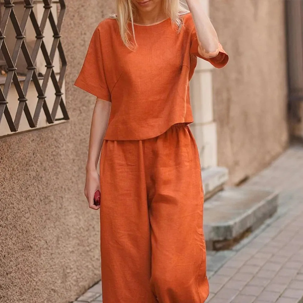 Plus Size Oversized Women Solid Cotton Linen Elegant T Shirt Wide Leg Pants Set Ladies Casual Tops Trousers Outfit Clothing 2023