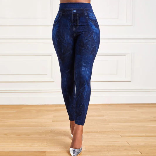 2023 Women‘s Stretch Denim Look Leggings Ladies Elasticated Waist Slim Trousers Pants Plus Size