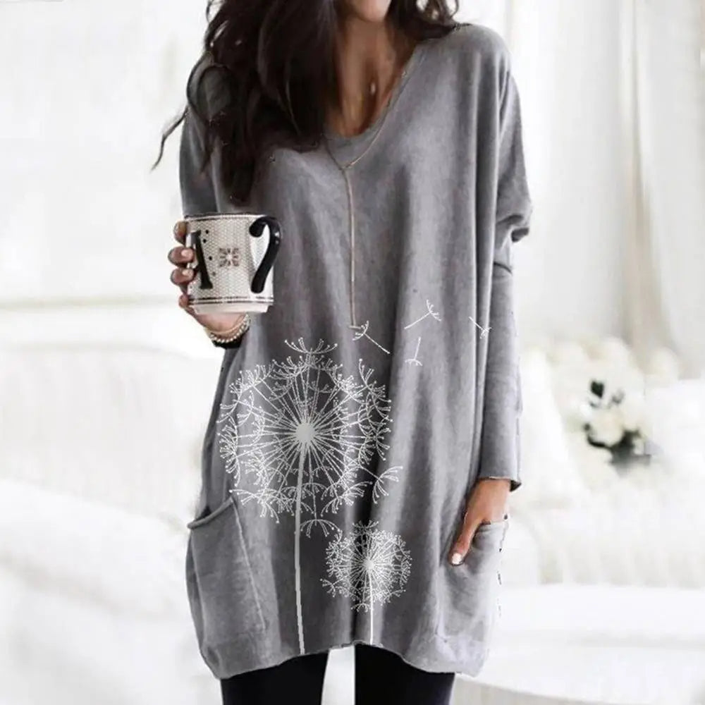 Women's Floral Print Long Sleeve Tunic Tops T-shirt Ladies Casual Loose Blouse Clothing For Female Plus Size Oversized 2023