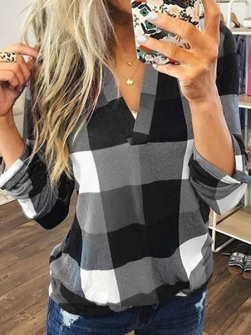 Plus Size Women Autumn Plaid Check V Neck Blouse Shirt Oversize Ladies Long Sleeve Casual Baggy Loose Tops Clothes Clothing 2023