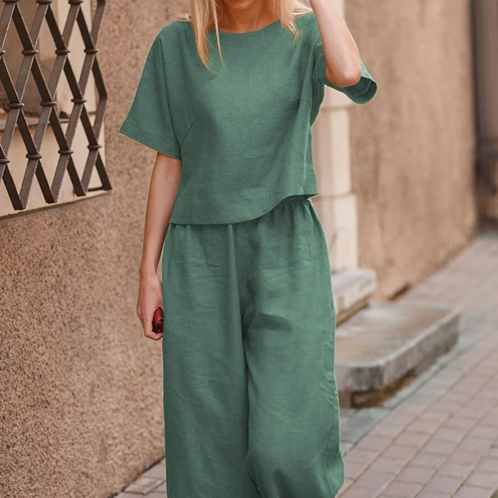 Plus Size Oversized Women Solid Cotton Linen Elegant T Shirt Wide Leg Pants Set Ladies Casual Tops Trousers Outfit Clothing 2023