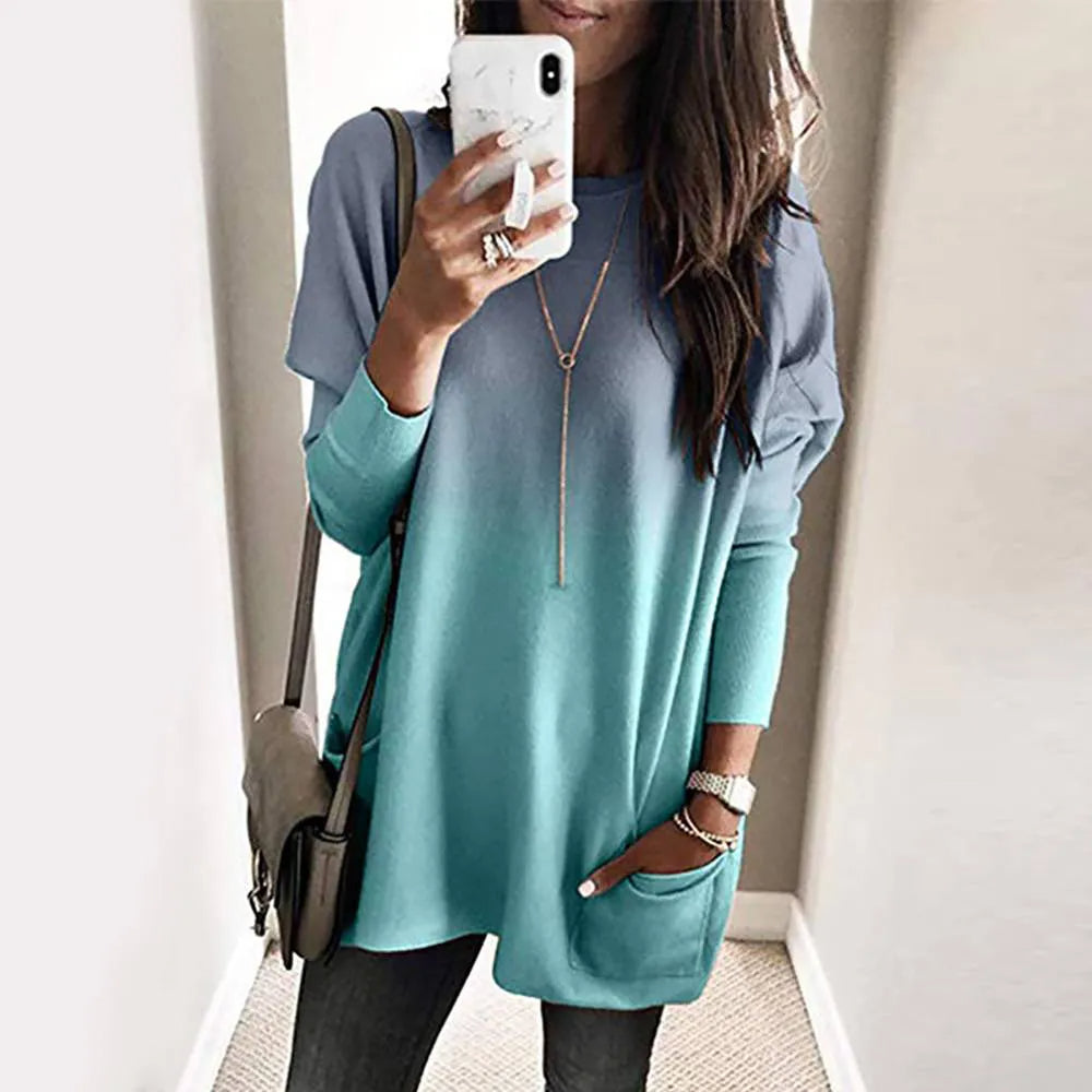 Women‘s Long Sleeve Pocket Tunic Autumn Tops Blouse Shirt Gradient Loose Winter Jumper Pullover Plus Size Clothes Clothing 2023