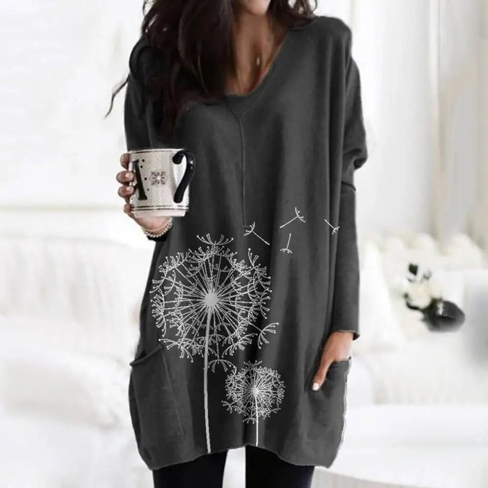 Women's Floral Print Long Sleeve Tunic Tops T-shirt Ladies Casual Loose Blouse Clothing For Female Plus Size Oversized 2023