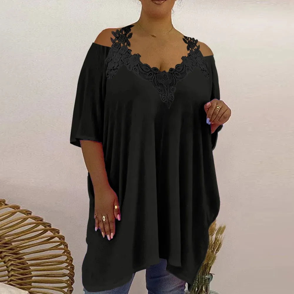 Plus Size Womens Lace V-Neck Tunic Tops Summer Cold Shoulder Casual Loose Shirt Oversized Ladies Fashion Clothes Clothing 2023