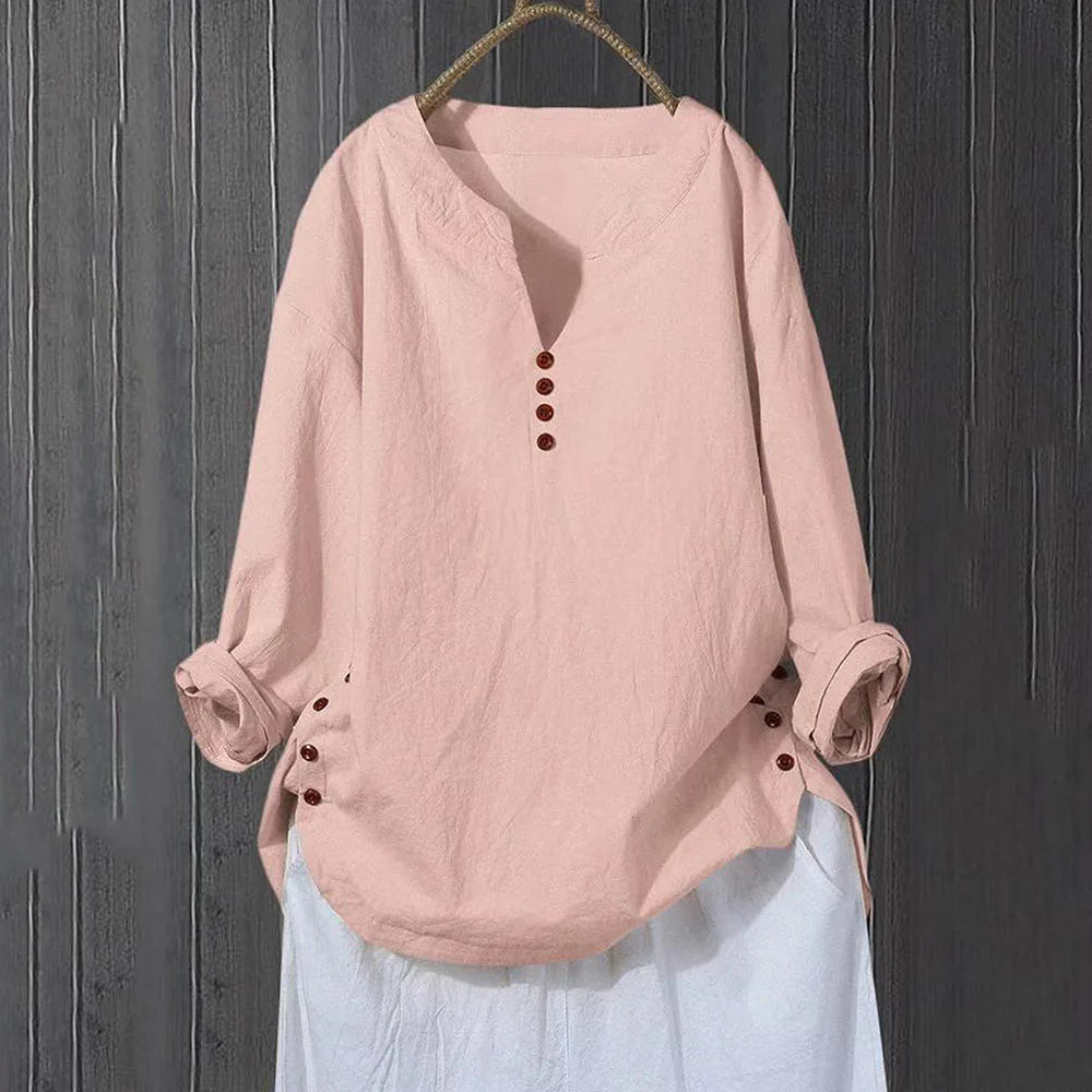 Women Solid Cotton Linen Baggy Tunic Tops Ladies Long Sleeve Plain V Neck Button Casual Blouse Tee Clothes Oversized Plus Size