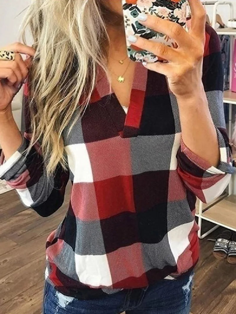 Plus Size Women Autumn Plaid Check V Neck Blouse Shirt Oversize Ladies Long Sleeve Casual Baggy Loose Tops Clothes Clothing 2023