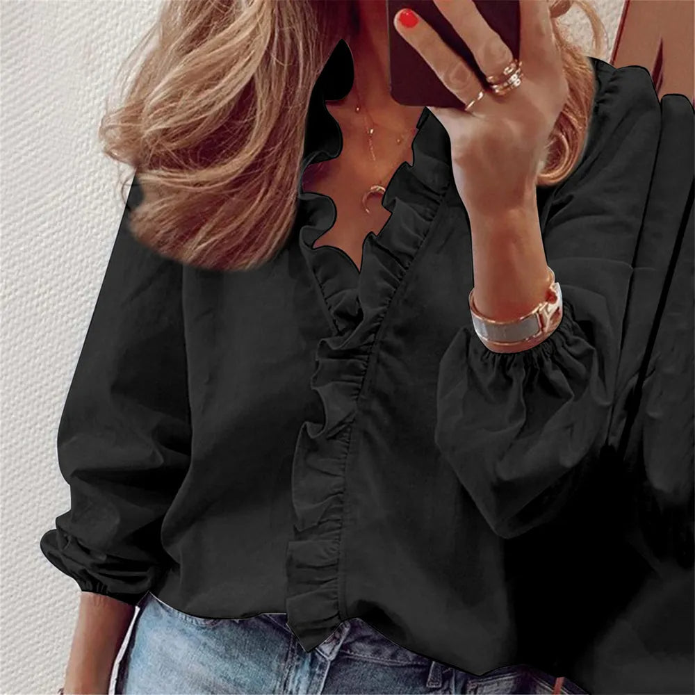 Oversized Women Fashion V Neck Ruffle Frill Shirt Blouse Ladies Long Sleeve Casual Office Work Tops Clothing Plus Size L-5XL