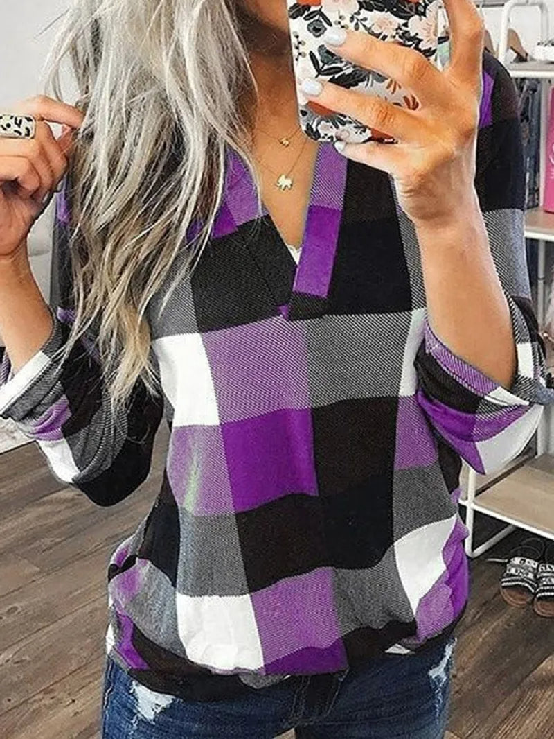 Plus Size Women Autumn Plaid Check V Neck Blouse Shirt Oversize Ladies Long Sleeve Casual Baggy Loose Tops Clothes Clothing 2023