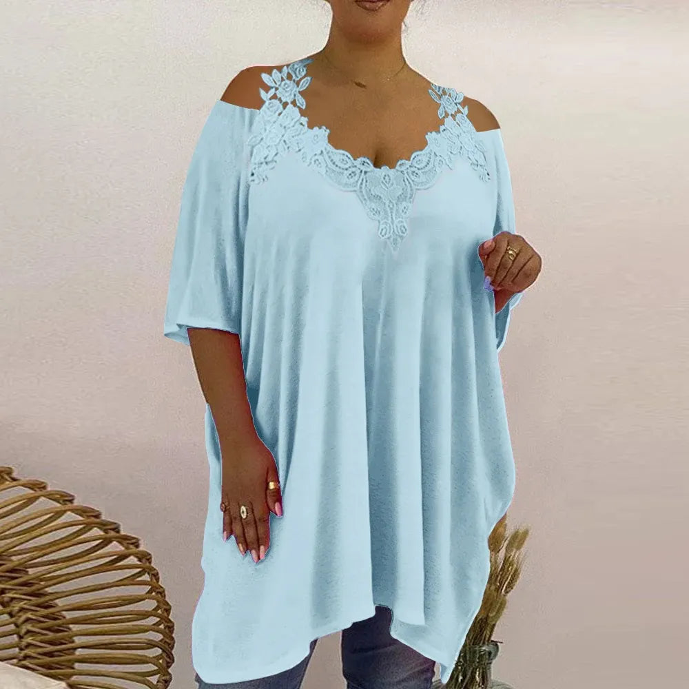 Plus Size Womens Lace V-Neck Tunic Tops Summer Cold Shoulder Casual Loose Shirt Oversized Ladies Fashion Clothes Clothing 2023