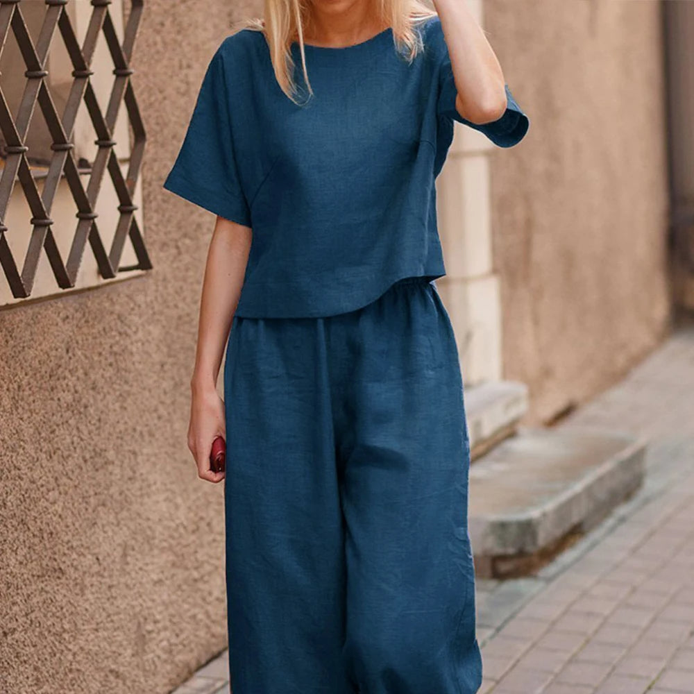 Plus Size Oversized Women Solid Cotton Linen Elegant T Shirt Wide Leg Pants Set Ladies Casual Tops Trousers Outfit Clothing 2023