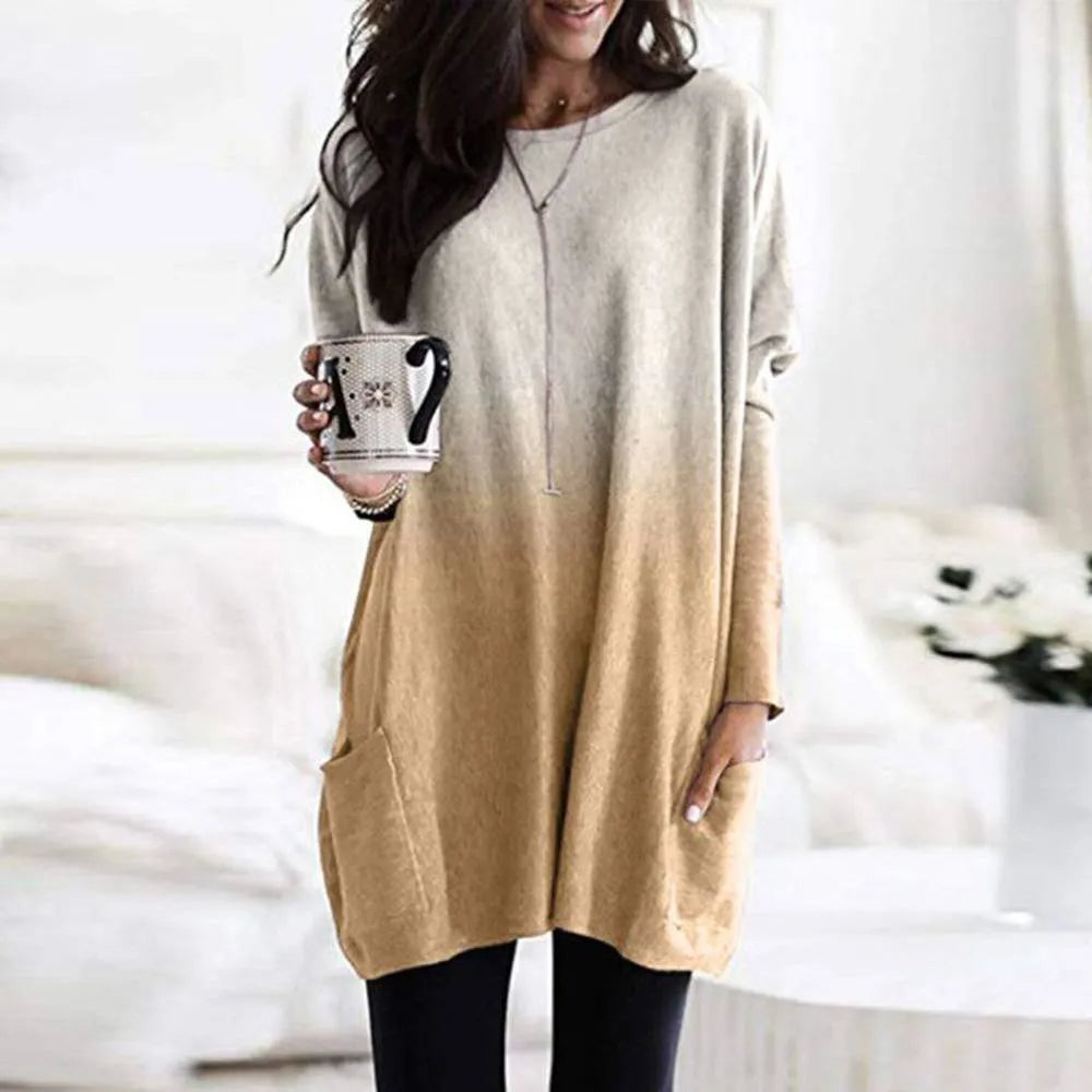 Women‘s Long Sleeve Pocket Tunic Autumn Tops Blouse Shirt Gradient Loose Winter Jumper Pullover Plus Size Clothes Clothing 2023