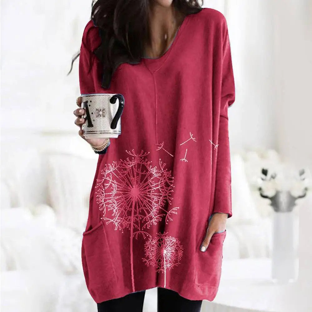 Women's Floral Print Long Sleeve Tunic Tops T-shirt Ladies Casual Loose Blouse Clothing For Female Plus Size Oversized 2023