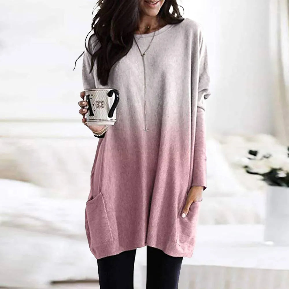 Women‘s Long Sleeve Pocket Tunic Autumn Tops Blouse Shirt Gradient Loose Winter Jumper Pullover Plus Size Clothes Clothing 2023