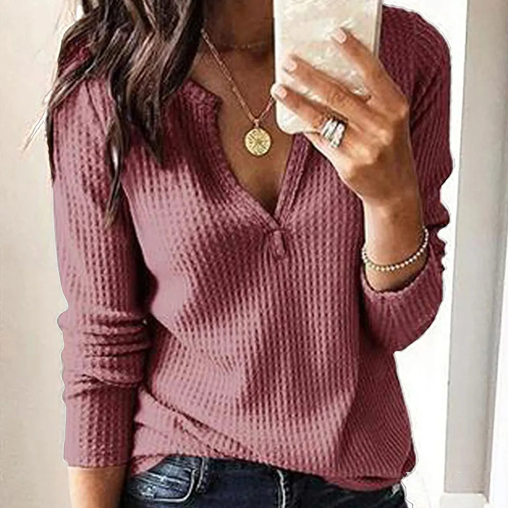 Women‘s Autumn Winter V-Neck Long Sleeve Tops Pullover Ladies Casual Loose Shirts Blouse Female Jumper Clothing Plus Size 2023