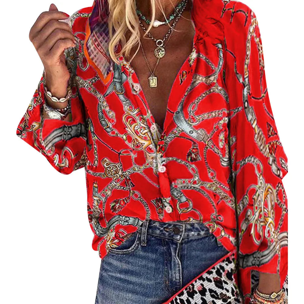 2023 Womens Autumn Winter V Neck Chain Shirt Long Sleeve Ladies Casual Loose Blouse Tops High Quality Clothing Clothes Plus Size