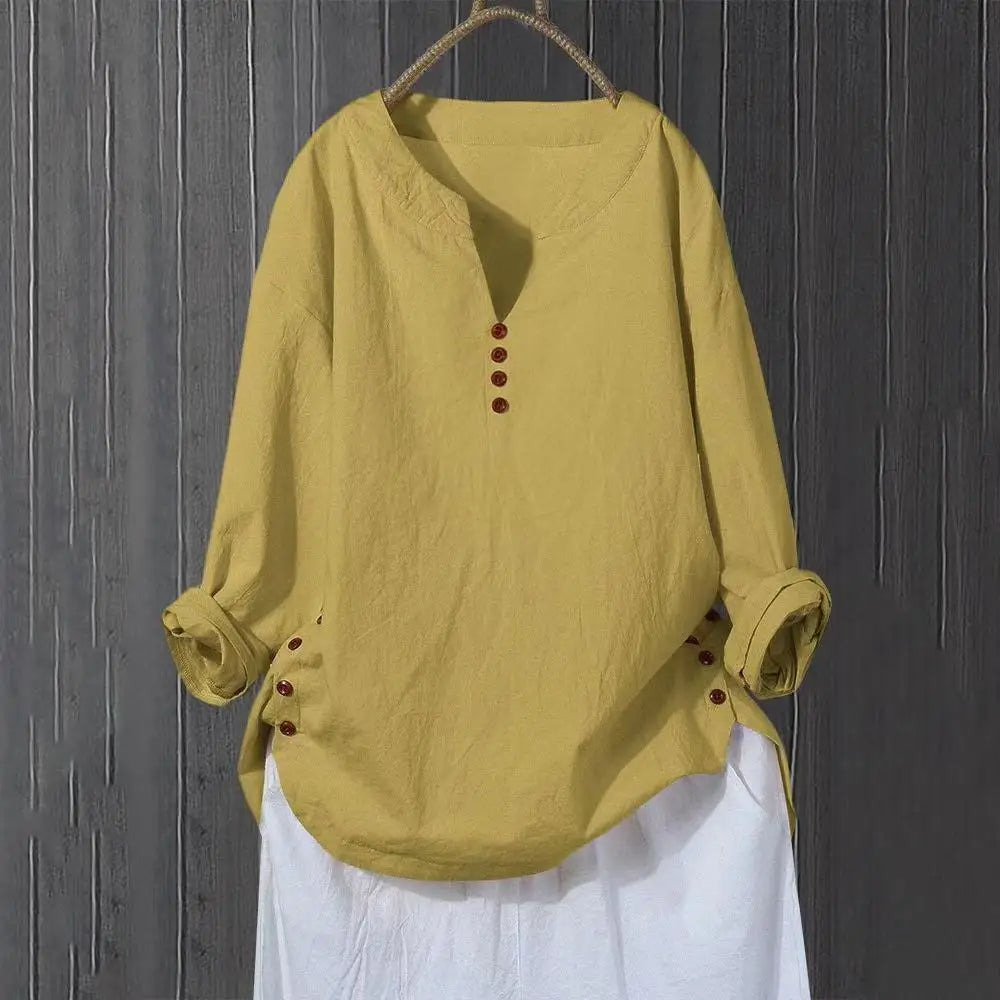 Women Solid Cotton Linen Baggy Tunic Tops Ladies Long Sleeve Plain V Neck Button Casual Blouse Tee Clothes Oversized Plus Size