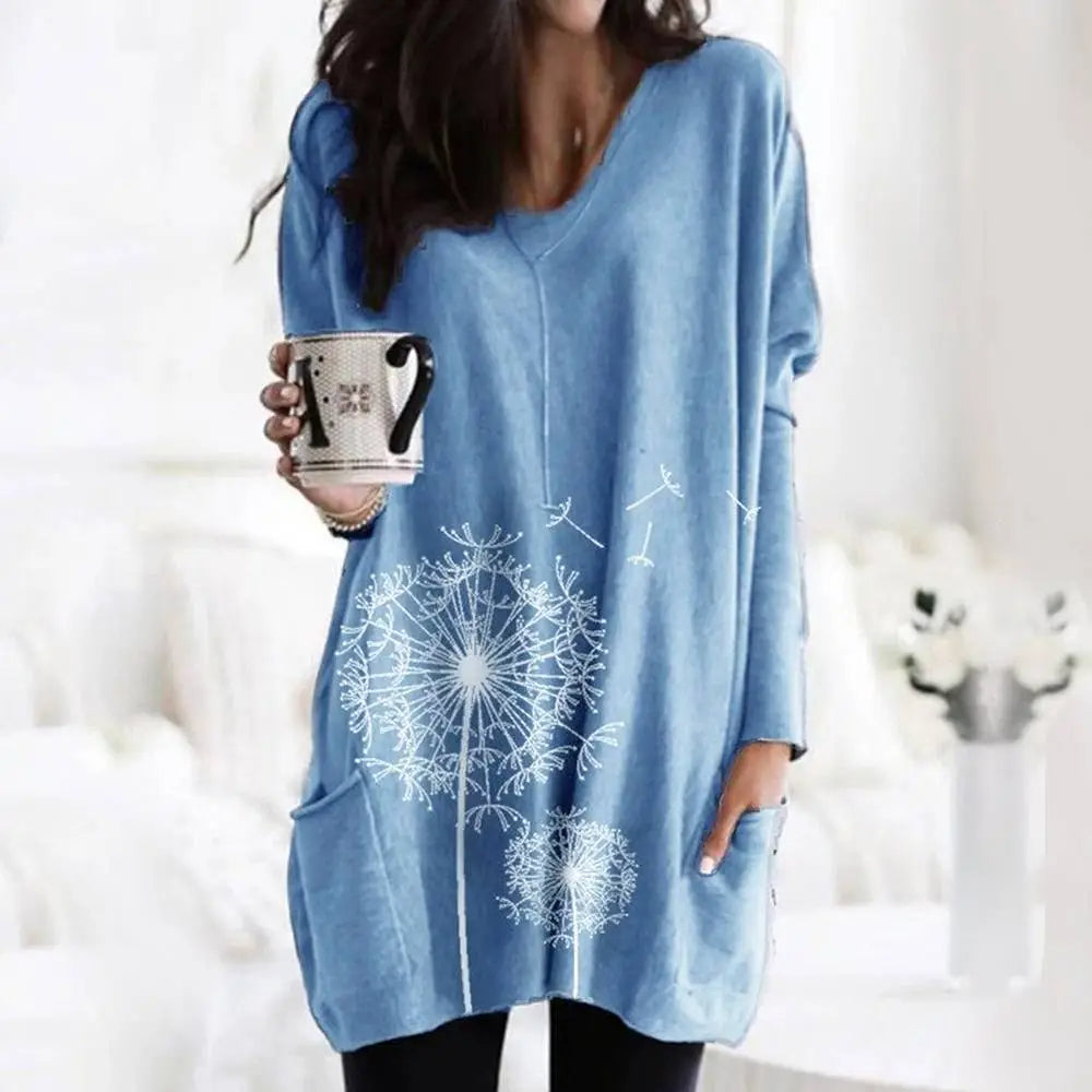 Women's Floral Print Long Sleeve Tunic Tops T-shirt Ladies Casual Loose Blouse Clothing For Female Plus Size Oversized 2023