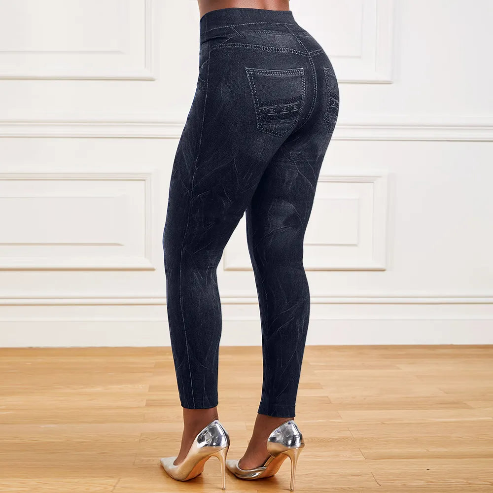 2023 Women‘s Stretch Denim Look Leggings Ladies Elasticated Waist Slim Trousers Pants Plus Size