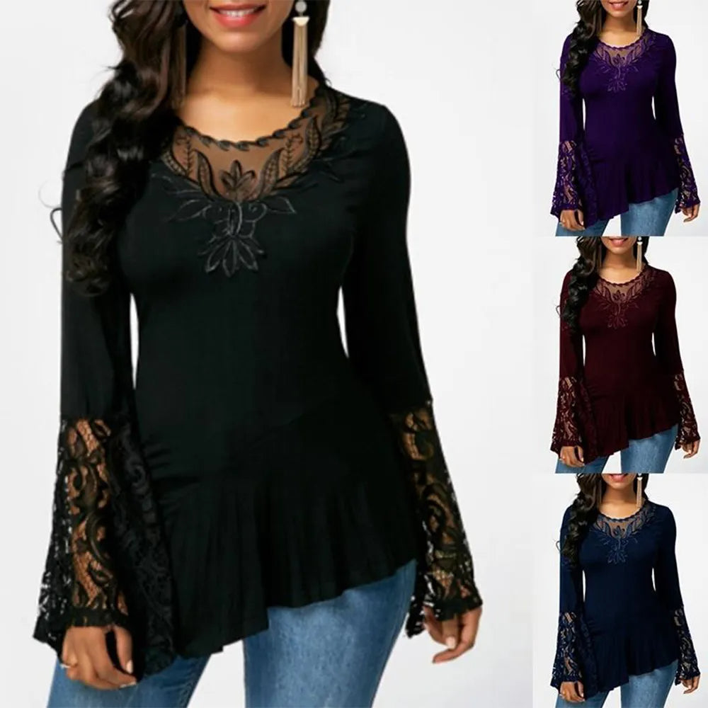 Plus Size Sexy Womens Autumn Winter Solid Pullover Long Flared Sleeve T-shirt Ladies Printed Tunic Tops Blouses Clothing 2023