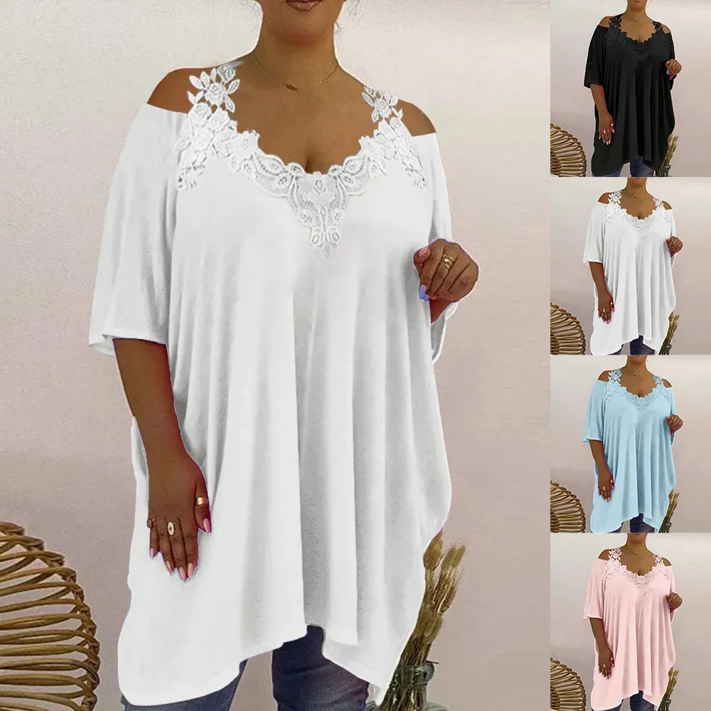 Plus Size Womens Lace V-Neck Tunic Tops Summer Cold Shoulder Casual Loose Shirt Oversized Ladies Fashion Clothes Clothing 2023