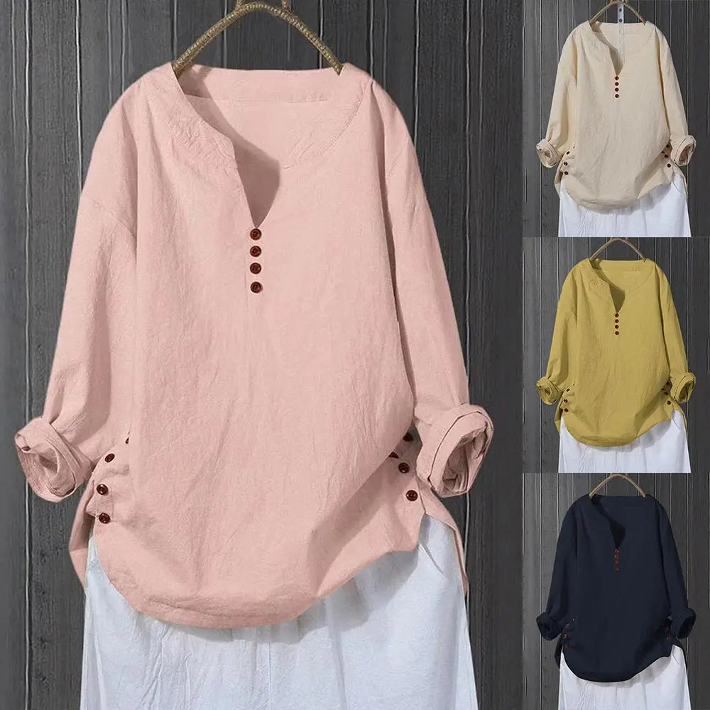 Women Solid Cotton Linen Baggy Tunic Tops Ladies Long Sleeve Plain V Neck Button Casual Blouse Tee Clothes Oversized Plus Size