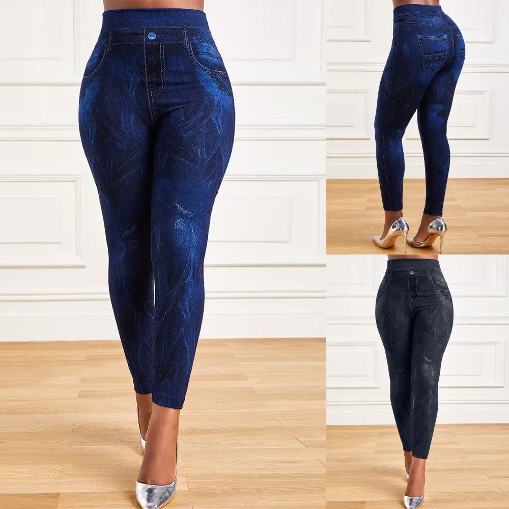 2023 Women‘s Stretch Denim Look Leggings Ladies Elasticated Waist Slim Trousers Pants Plus Size