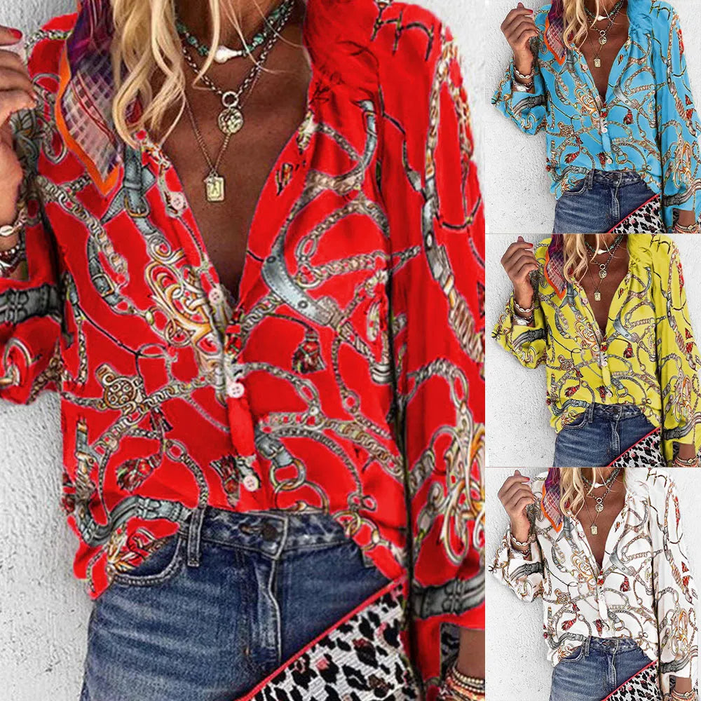 2023 Womens Autumn Winter V Neck Chain Shirt Long Sleeve Ladies Casual Loose Blouse Tops High Quality Clothing Clothes Plus Size