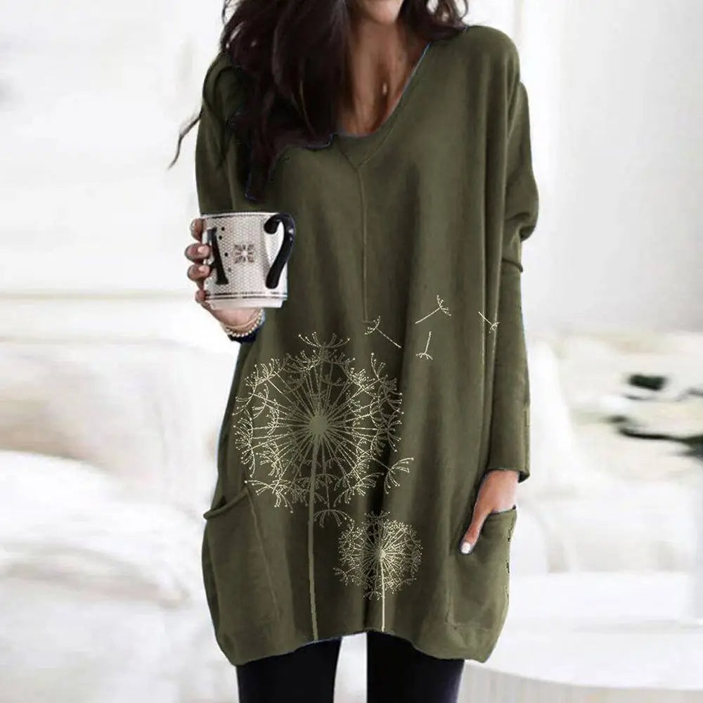 Women's Floral Print Long Sleeve Tunic Tops T-shirt Ladies Casual Loose Blouse Clothing For Female Plus Size Oversized 2023