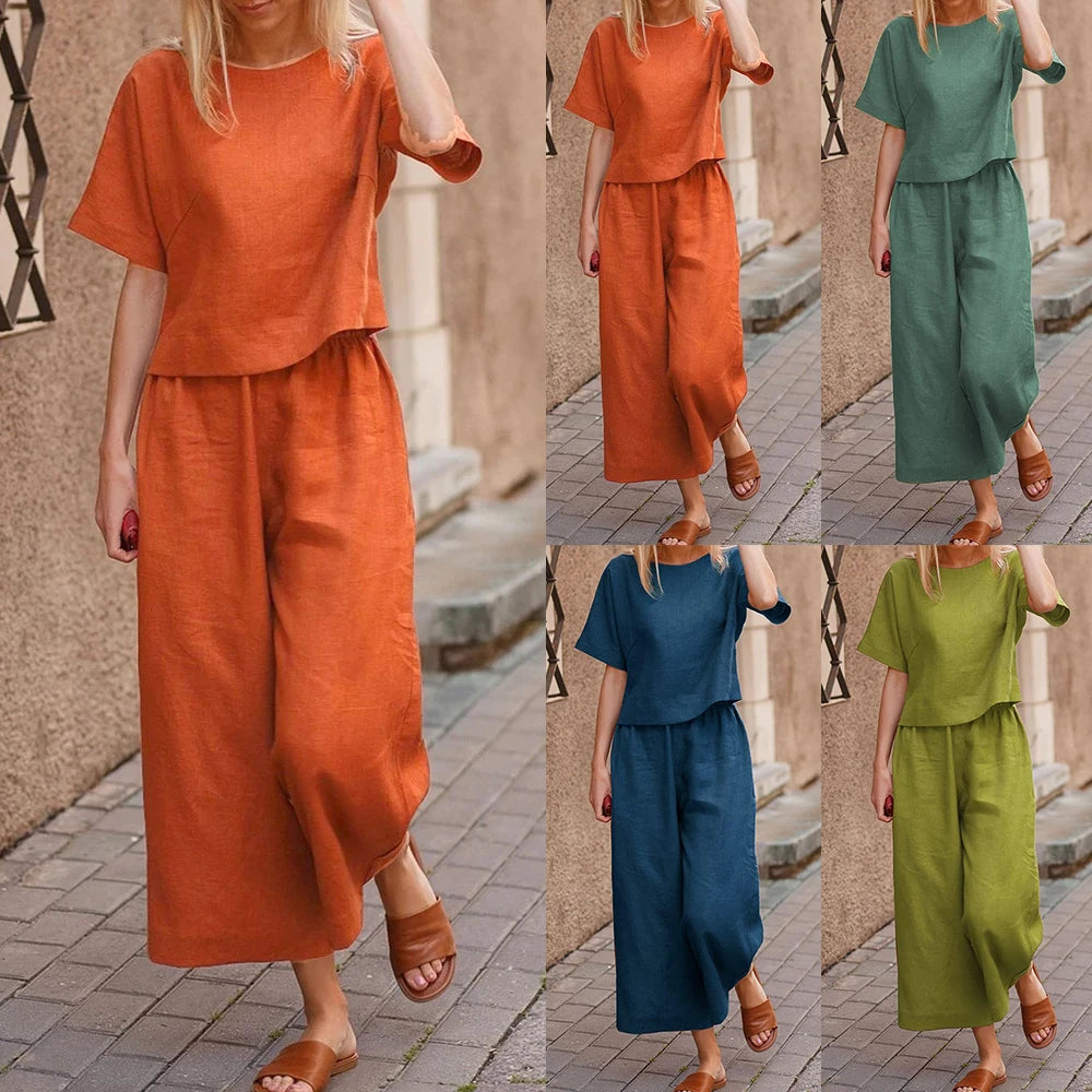 Plus Size Oversized Women Solid Cotton Linen Elegant T Shirt Wide Leg Pants Set Ladies Casual Tops Trousers Outfit Clothing 2023