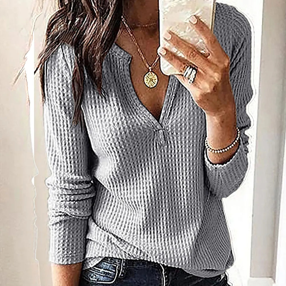 Women‘s Autumn Winter V-Neck Long Sleeve Tops Pullover Ladies Casual Loose Shirts Blouse Female Jumper Clothing Plus Size 2023