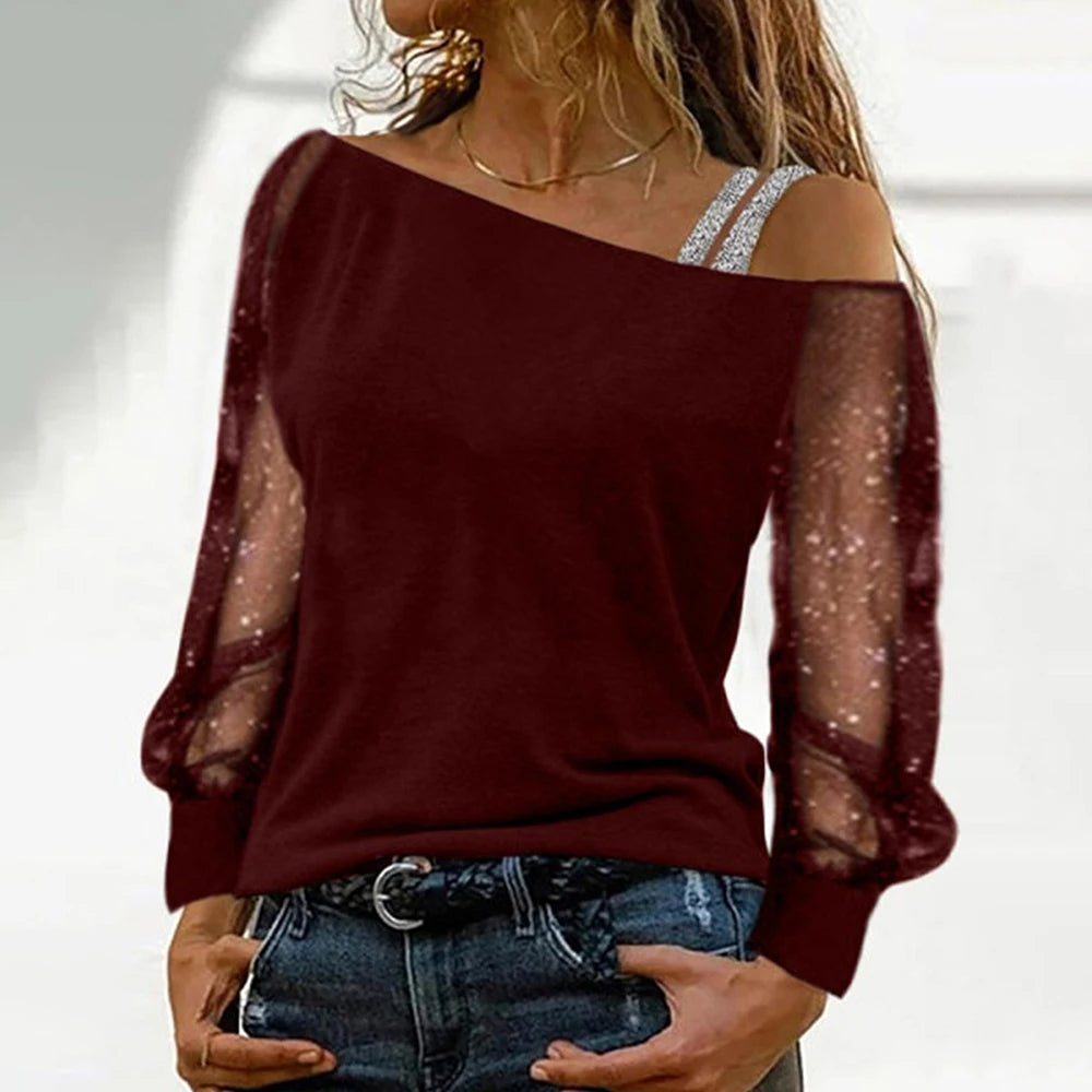 Plus Size Oversized Women Autumn Sexy Lace Mesh Long Sleeve T-Shirt Tops Ladies Off Shoulder Casual Blouse High Quality Clothing