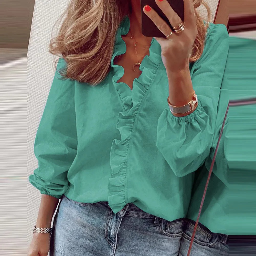 Oversized Women Fashion V Neck Ruffle Frill Shirt Blouse Ladies Long Sleeve Casual Office Work Tops Clothing Plus Size L-5XL