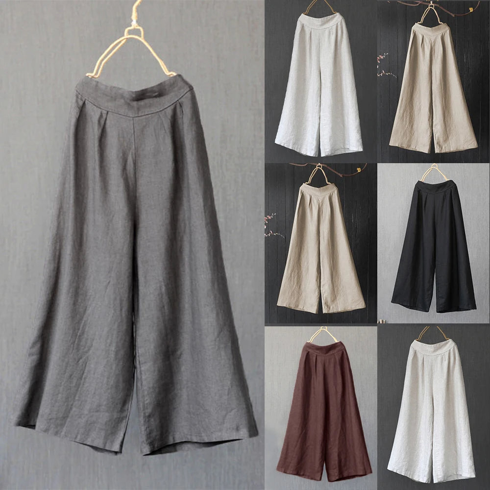 Women's Autumn Solid Cotton Linen Wide Leg Trouser Ladies Casual Palazzo Culottes Harem Pant Clothing For Female Plus Size 2023