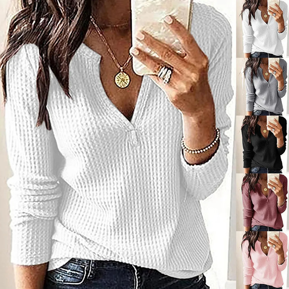 Women‘s Autumn Winter V-Neck Long Sleeve Tops Pullover Ladies Casual Loose Shirts Blouse Female Jumper Clothing Plus Size 2023