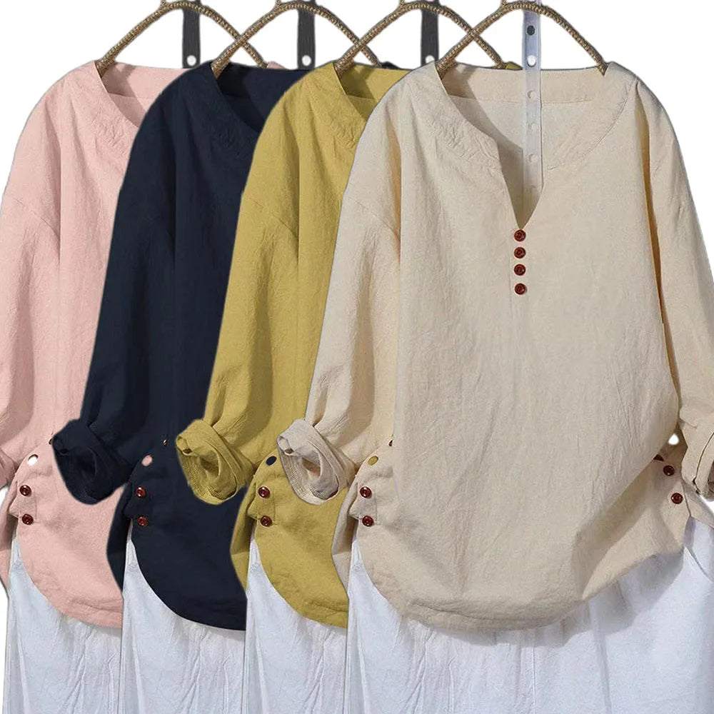 Women Solid Cotton Linen Baggy Tunic Tops Ladies Long Sleeve Plain V Neck Button Casual Blouse Tee Clothes Oversized Plus Size