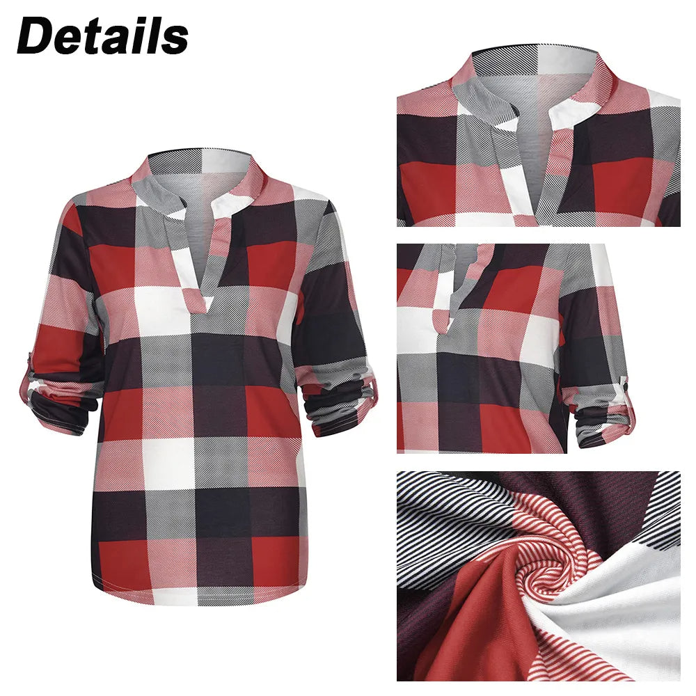 Plus Size Women Autumn Plaid Check V Neck Blouse Shirt Oversize Ladies Long Sleeve Casual Baggy Loose Tops Clothes Clothing 2023