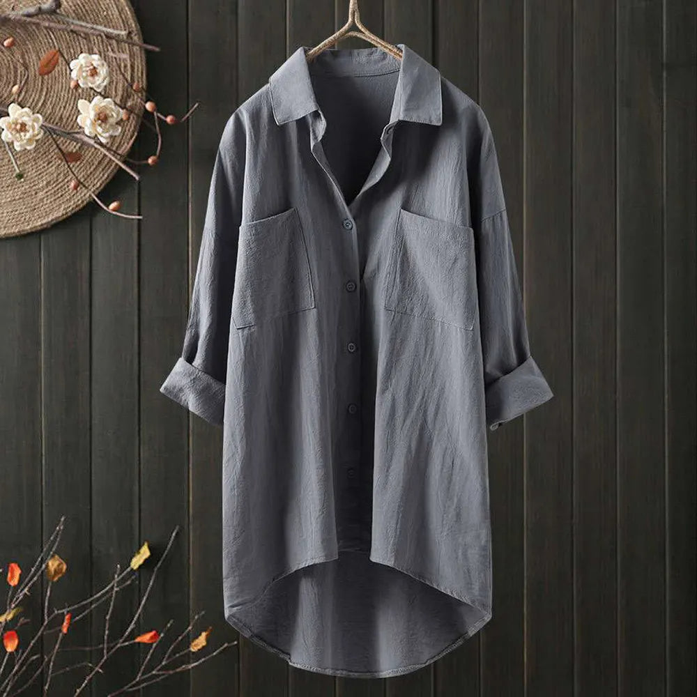 Women's Autumn Solid 3/4 Long Sleeve Tunic Tops Ladies Winter Turn-down Collar Casual Blouse Clothing Plus Size Oversized 2023