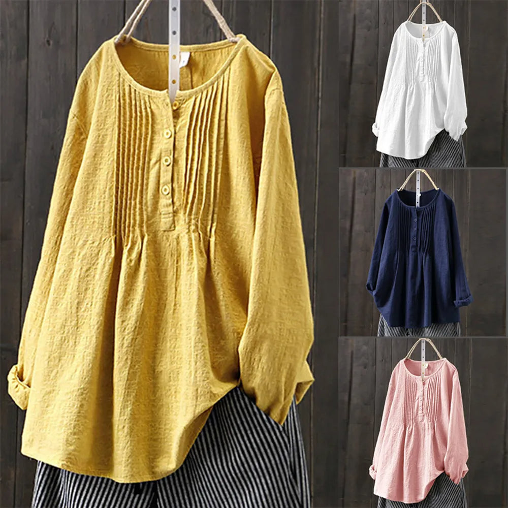 2023 Women's Autumn Winter Cotton Linen Round Neck Long Sleeve T-Shirt Tops Ladies Button Blouse Clothes Clothing Plus Size