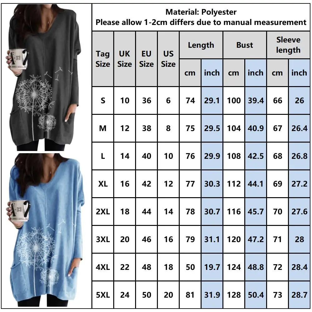 Women's Floral Print Long Sleeve Tunic Tops T-shirt Ladies Casual Loose Blouse Clothing For Female Plus Size Oversized 2023